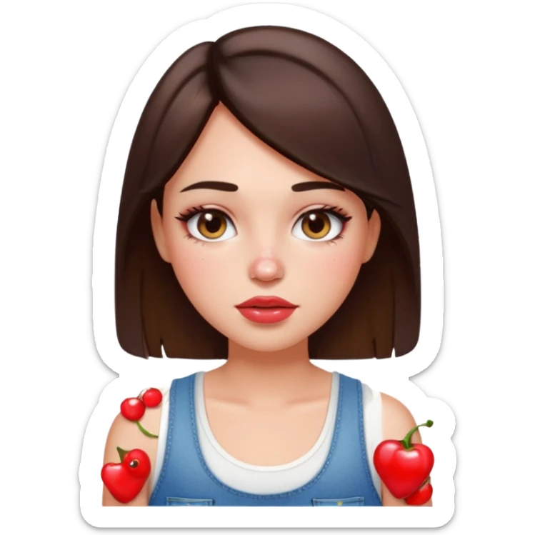 “Emoji brunette girl white tanktop, dewy skin, heavy blush across cheeks and nose bridge, glossy cherry lips, soft eyeliner, teary sparkling eyes like hanni from new jeans sticker