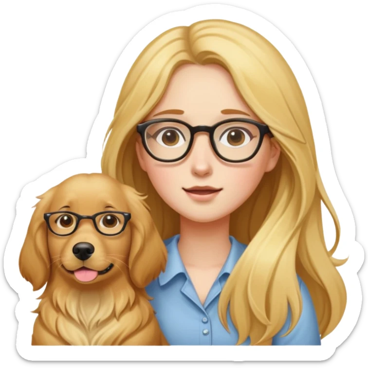 A long-haired girl wearing glasses was knocked down by a golden retriever sticker
