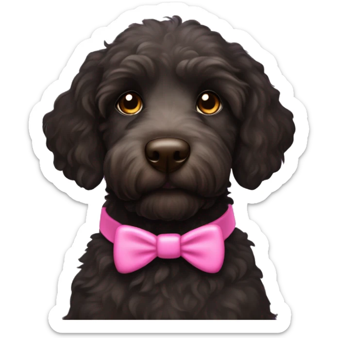 Black labradoodle female dog with brown eyes and a pink collar on with the name Bonnie sticker