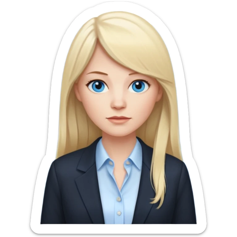 40 yr old white woman, pale skin, long straight blond hair parted in center, blue eyes, bangs, clothes for office sticker