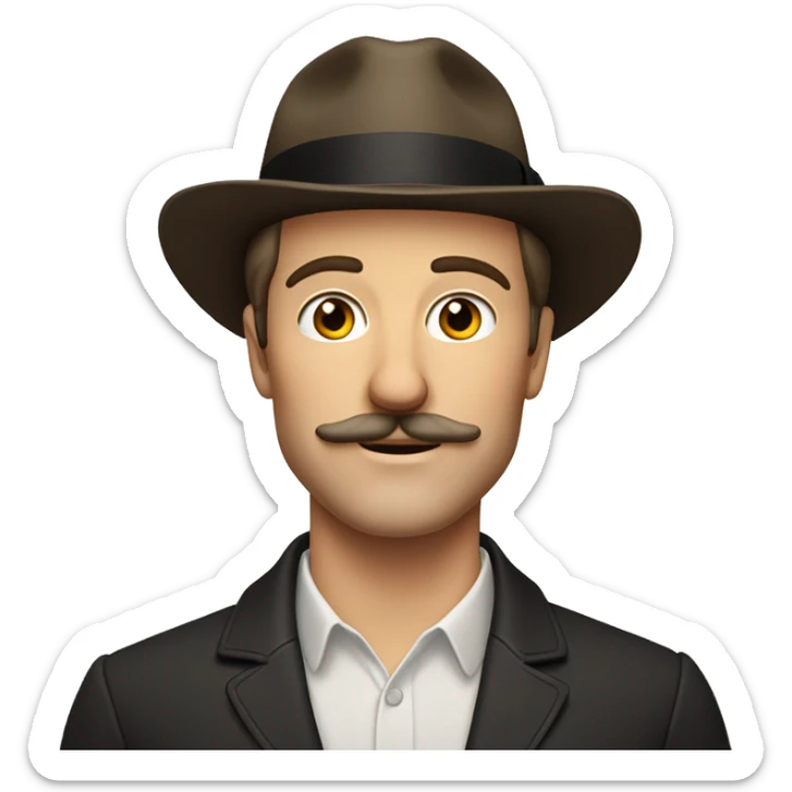 a white man with a french mustache. very handsome, he has a chiseled jawline and hollow cheeks. a hint of eyeliner on the eyes. no hat, he has a brown slickback haircut sticker