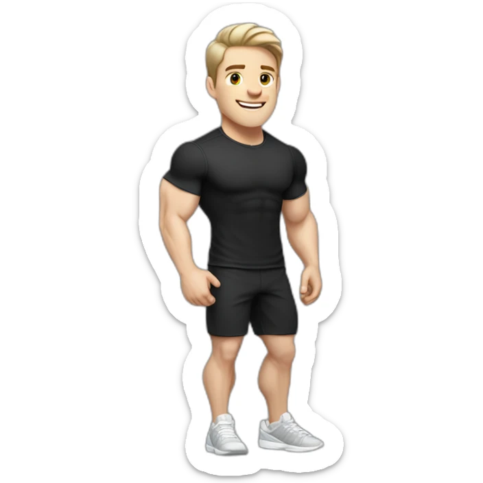 Joyful Pale skinned Fit Man With the biceps and dark brown hair in black shirt, gray sports shorts and white Sneakers sticker