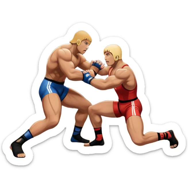 An icon depicting two wrestlers in a grappling stance on the mat, engaged in a fierce combat. One fighter attempts a takedown, while the other resists. The background shows a wrestling arena with bright lights and spectators around the edge of the ring. Transparent background  sticker