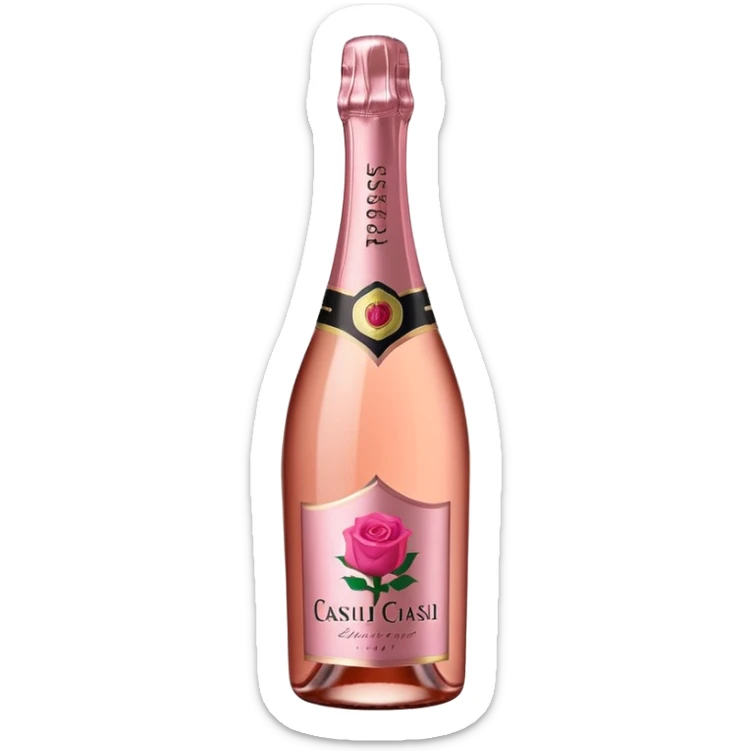 bottle of sparkling rosé champagne with a rose logo on the label, tilted up and to the left, no glass sticker