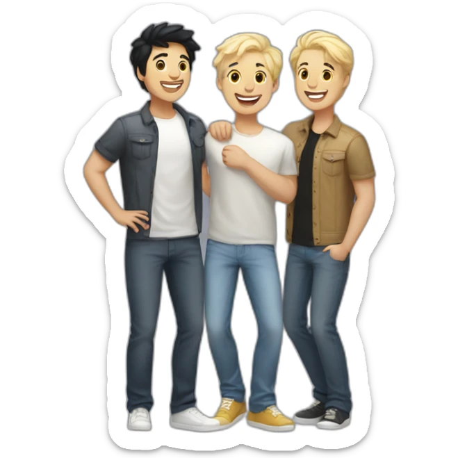 Gay male couple, 1 Latino black hair the other one Australian blonde hair with a cat in the middle laughing full body sticker