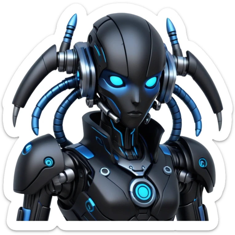 Modern futuristic black dark cyberpunk-fakemon-creature with blue accents sticker