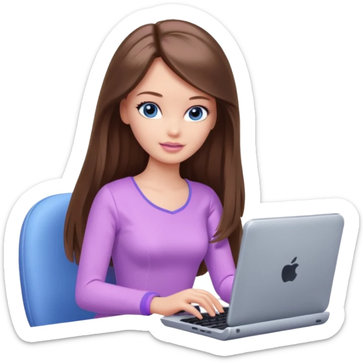 beautiful barbie girl with long brown hair, blue eyes and wearing light purple clothes playing computer games sticker