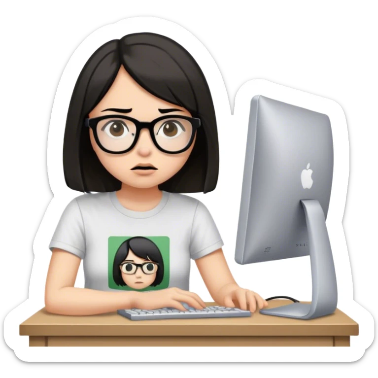 girl with black brown bob hair wearing glasses is having a brain fog while working on her old computer wearing a nirvana tshirt sticker