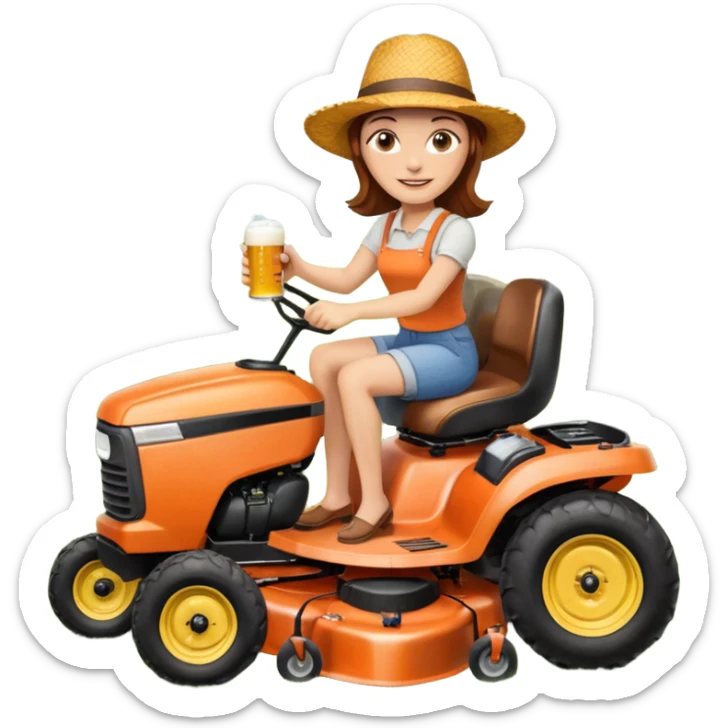 White woman with brown hair, without glasses wearing a straw hat, on old orange ride on lawn mower, holding a beer with one hand and holding the steering wheel with the other hand. Woman is smiling. Lawn mower has “Westwood” written on the engine cover sticker