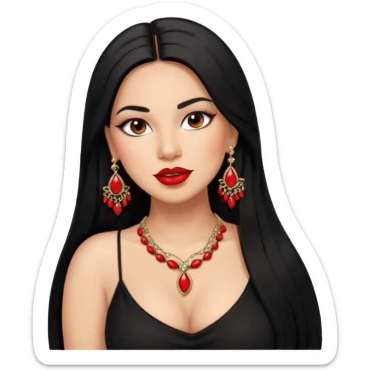 Mexican Light skin brown eyes glamorous full figured women black long straight hair red lips necklace and earrings long lashes sticker