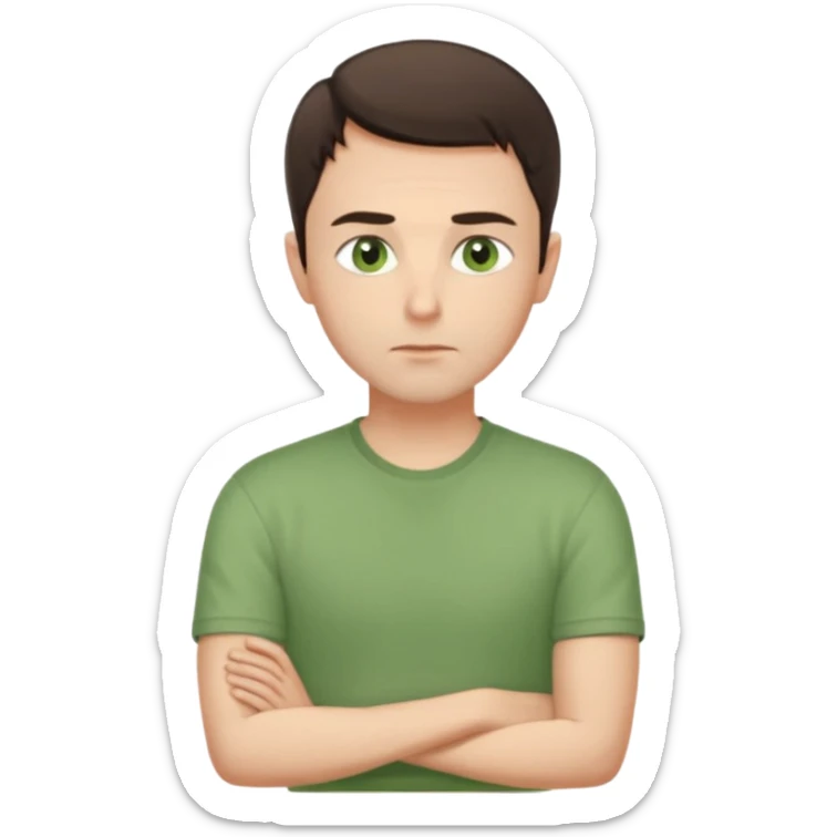 Gentle man, European facial features, short dark brown hair, green eyes, light green shirt. Seated calmly, gazing thoughtfully. Soft light, subtle fern. Waist-up, profile. sticker