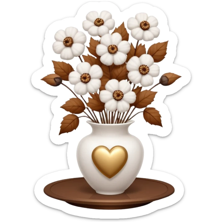a bouquet of cotton flowers with brown dried petals, in a white ribbed vase on a white tray. next to it is a figurine in the form of a white heart, with sparkles sticker