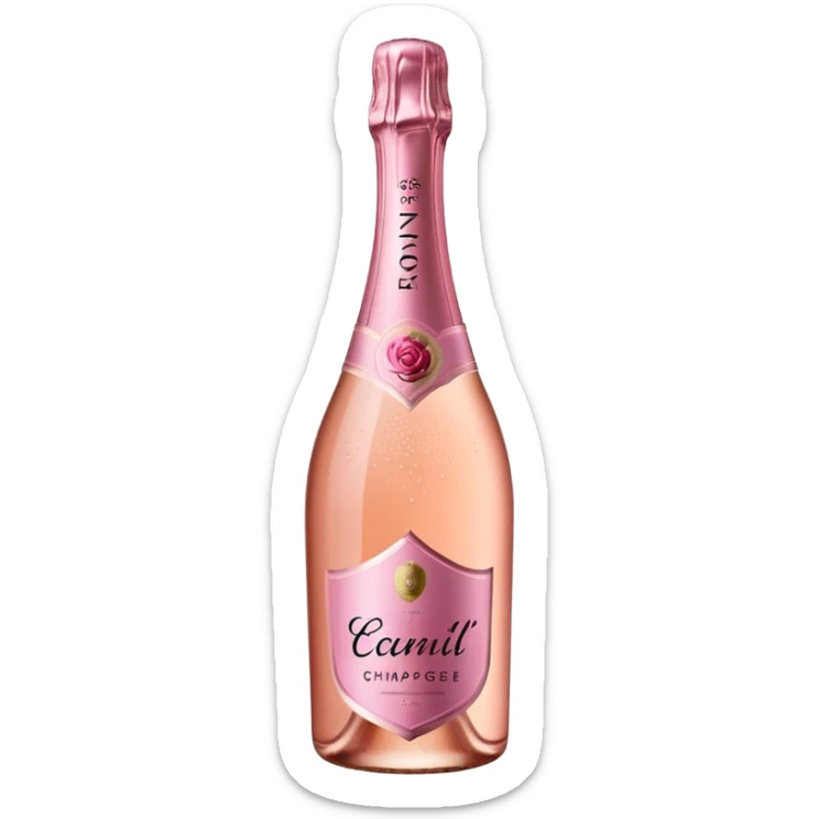 bottle of sparkling rosé champagne with a rose logo on the label, tilted up and to the left, no glass sticker