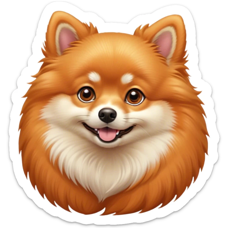 Cinematic Cute Orange Pomeranian Portrait Emoji, Head tilted playfully and inquisitively, featuring a luscious, fluffy orange Fur with a natural sheen, round, sparkling brown eyes filled with curiosity, Simplified yet irresistibly adorable features, highly detailed, glowing with a warm, friendly glow, high shine, affectionate and lively, stylized with a touch of whimsy, bright and endearing, soft glowing outline, capturing the essence of a mischievous yet loving pup, so playful it feels like it could scamper out of the screen and into your arms! sticker