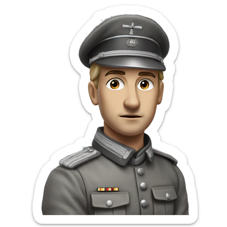 photorealistic 30 years old german soldier the middle of the XX century gray uniform detailed face with wrinkles, closed mouth, small eyes  sticker