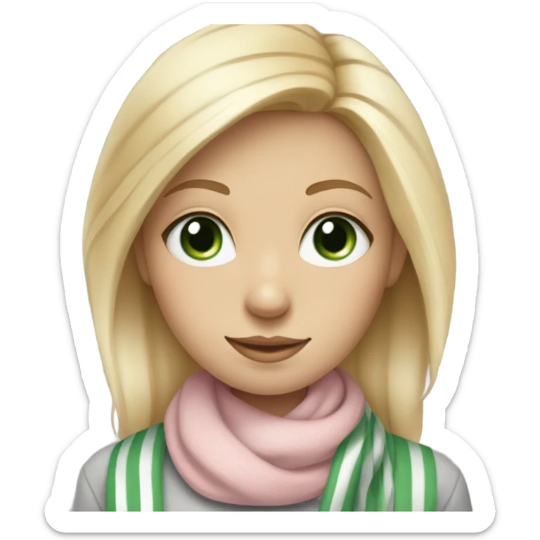 Blonde girl with blue eyes and eyelashes no lipstick in a light pink shirt with gray and green thick stripe scarf blue eyes sticker