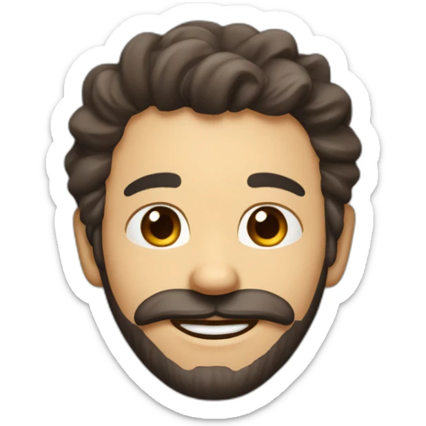 His lips curled upward and his eyes open wide. He has a brown facial hair, possibly a beard or goatee, and appears to have dark hair. His smile gives off a friendly and approachable vibe. sticker
