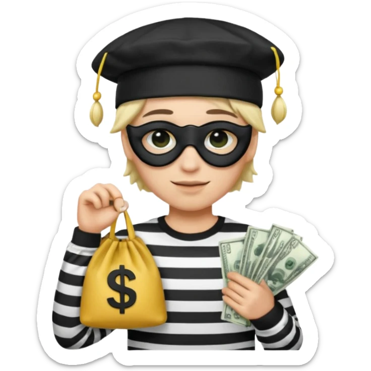 Realistic ios emoji-style portrait of a classic burglar, a black eye mask and a black-and-white striped shirt. emoji-like hair, black hat, a bag of money 💰 with a dollar sign in a right corner  sticker