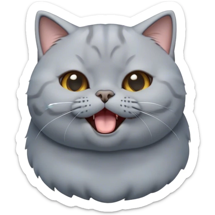 Cinematic Cute Grey British Shorthair Cat Portrait Emoji, Head tilted playfully and yawning, round and plump body with sleek soft grey fur and subtle blue undertones, Simplified yet adorable features, highly detailed, glowing with a warm, friendly glow, high shine, curious yet calm, stylized with a touch of whimsy, bright and endearing, soft glowing outline, capturing the essence of a mischievous yet loving and lazy kitty, so cute it feels like it could stretch out of the screen and cuddle! sticker