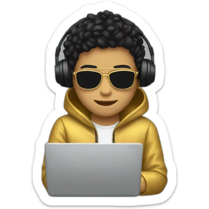 Young person golden skin tone, wearing headphones, working on a laptop, wearing golden color jacket, there is mask on his eyes, black hairs  sticker