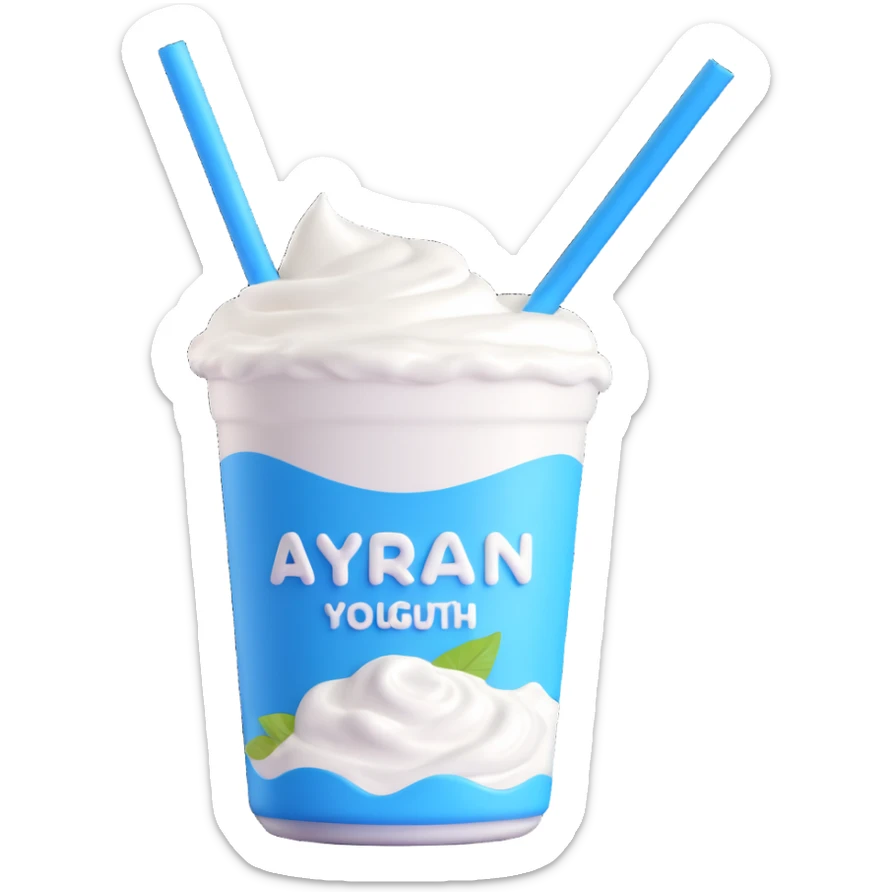 A small carton of Turkish yogurt drink (ayran) with a straw, white and blue packaging sticker