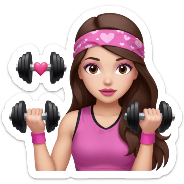 Pink and clothes emoji, inspired with brunette hair, brown eyes, long hair, heart shape lips and pink make up  and pink nails, mauve pink blush and a chocolate brown bandana lifting dumbbells sticker