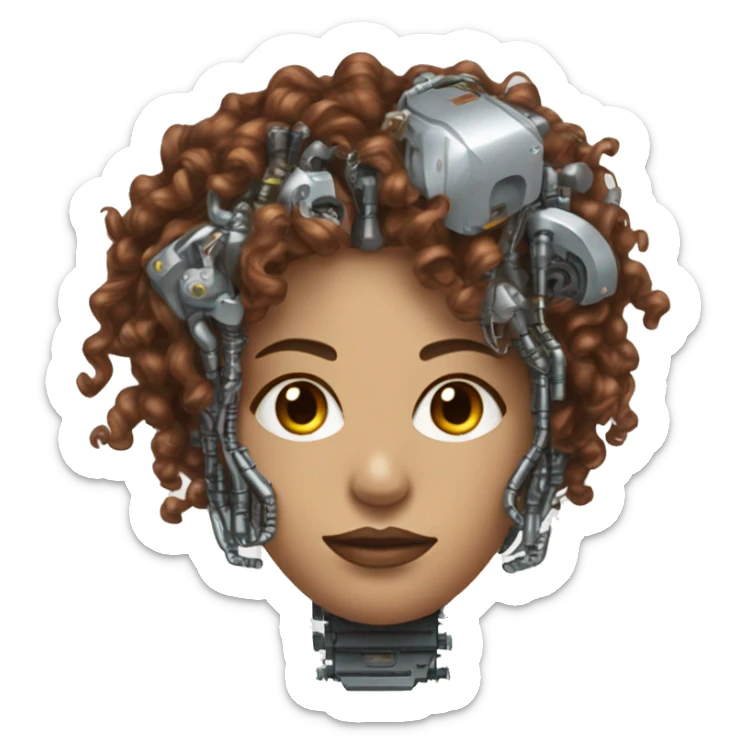 metal female cyborg head with brown curly hair and circuitry sticker