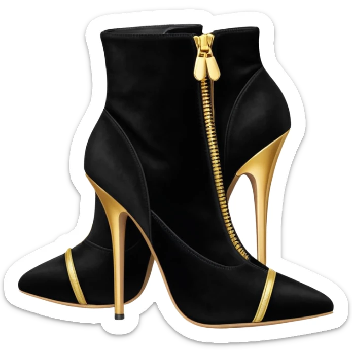 black velvet and realistic gold zipper 10 inch ankle bootie stilettos, still life, render. sticker