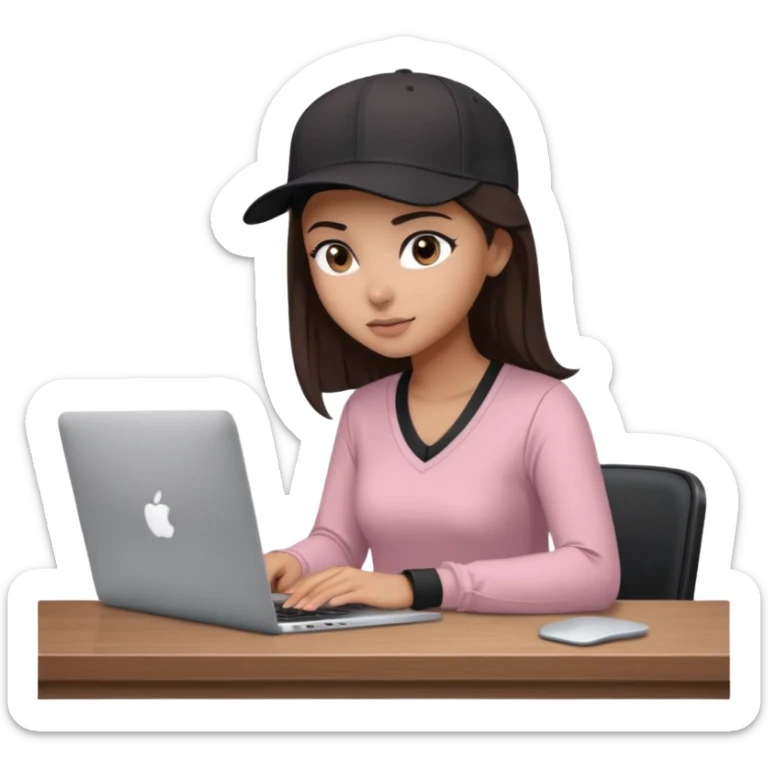 A professional 3D avatar of a young woman with olive skin and long, dark brown hair, wearing a dark, long-sleeved V-neck dusty pink shirt and a black baseball cap. She's sitting at a sleek wooden desk, typing and looking at a silver MacBook.  sticker
