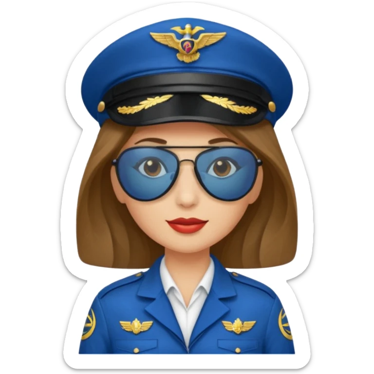pilote d'avion femme cheveux brun clair avec sunglasses et chapeau de pilote et uniforme bleu sticker