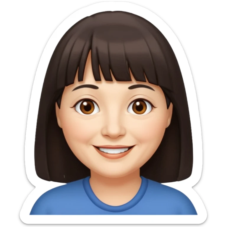 60 yr old woman, very small brown eyes, long hair, straight dark brown hair, bangs, chubby, long face sticker