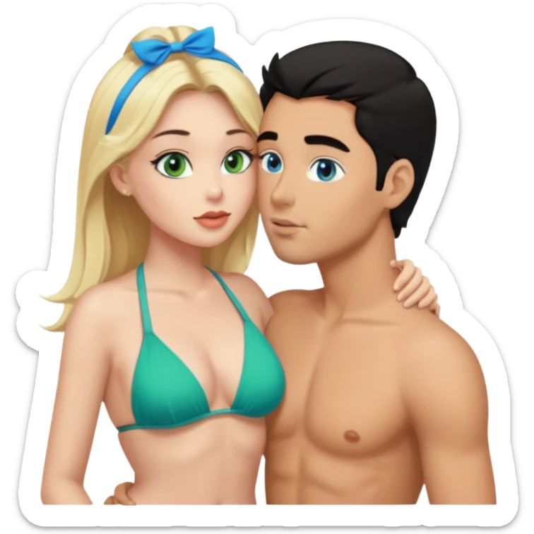 Blonde Queen with crownGreen eyes in Bikini kissing Male subject without crown black hair blue eyes sticker