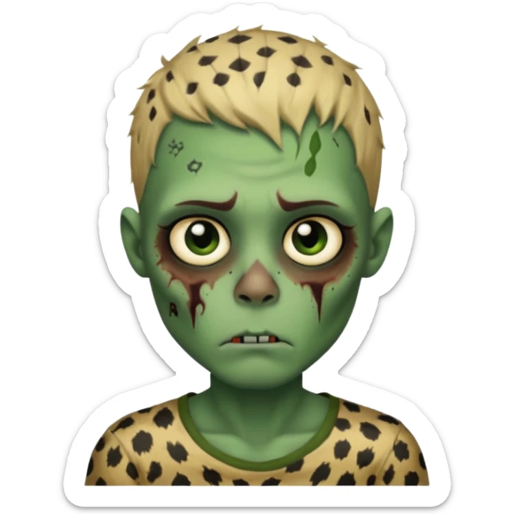 Zombie boy with green skin and sleepy eyes and scars on his face and a shirt that has cheetah texture sticker