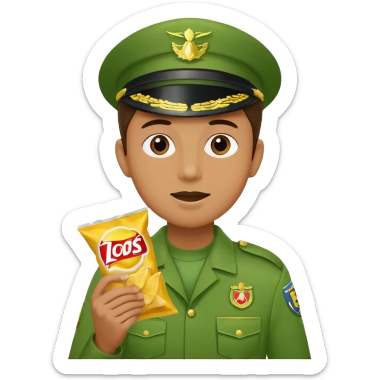 supermarket collegue wearing a green uniform and eating a packet of crisps no hat sticker