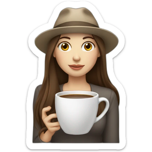 woman with long straight brown hair and pale skin and wearing a laptop hat and drinking coffee sticker