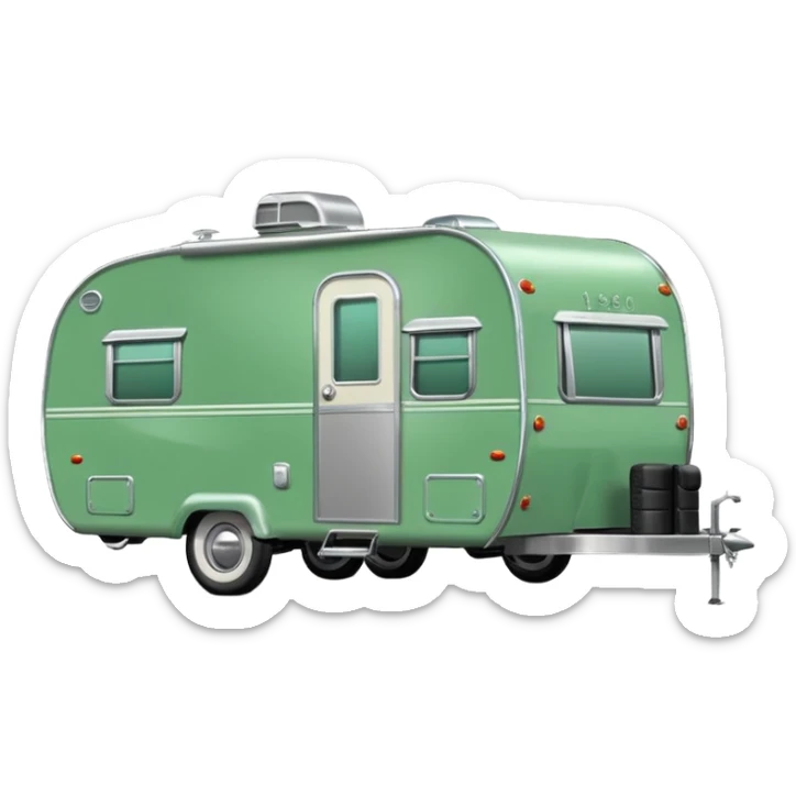 1950s travel trailer, colored all green, the same green shade as movie trailer green preview card, light grey tires and grey hitch sticker