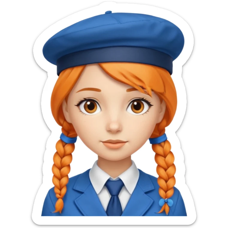 orange braided hair girl, wearing Blue Necktie and a berret Hat sticker