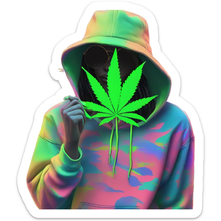 Hemp leaves Multicoloured neon person smoking wearing hoodie dancing hip hop bucket hat tropical Skater fashion aesthetic baggy clothes graphic t shirt 420 sticker