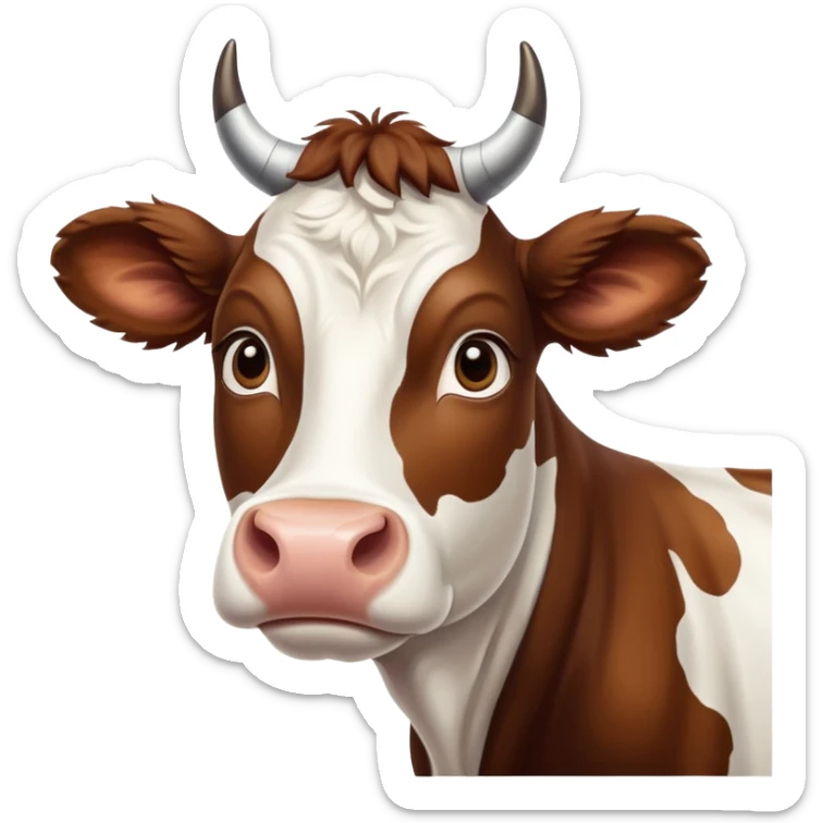 cinematic-noble-brown-and-white-cow-portrait-emoji,-poised-and-regal,-with-a-large,-sturdy-build-and-a-beautifully-patterned-hide-of-rich-brown-accented-by-crisp-white-patches,-deep-set-soulful-brown-eyes,-simplified-yet-sharp-and-sophisticated sticker