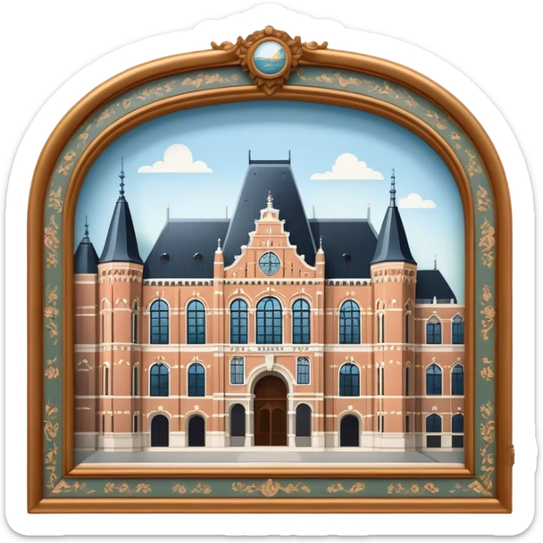 Cinematic Realistic Rijksmuseum Landmark Emoji, depicted with the grand facade of the museum rendered in intricate detail and soft, historical lighting. sticker
