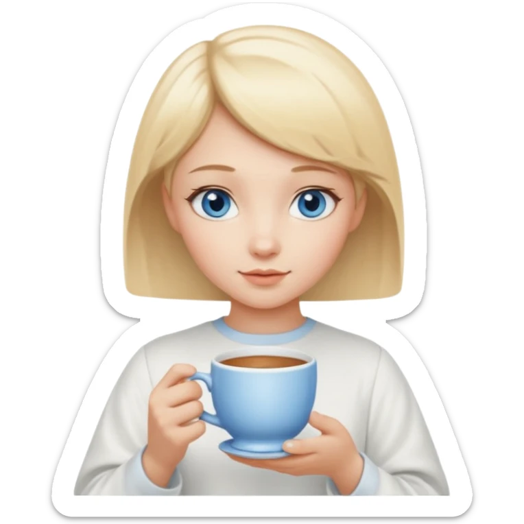 angelic blonde girl with short hair and blue eyes holds a cup sticker