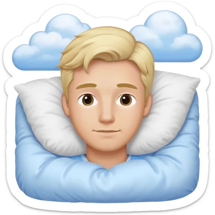 Sweet dreams a blonde man in a very comfy bed with blue and Pastel clouds elegant  sticker