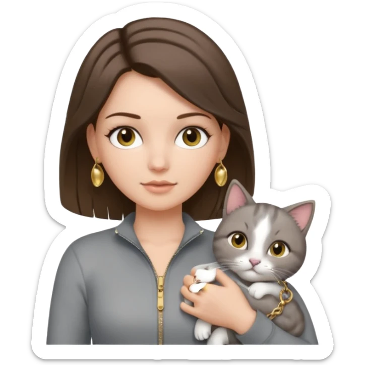 a white girl with brunette hair in brain that is over her shoulder. shes holding a grey cat. the girl has long lashes and has on a grey zip up that is half way zipped  and under a white shirt and gold jewelry that is gold bracelets. sticker