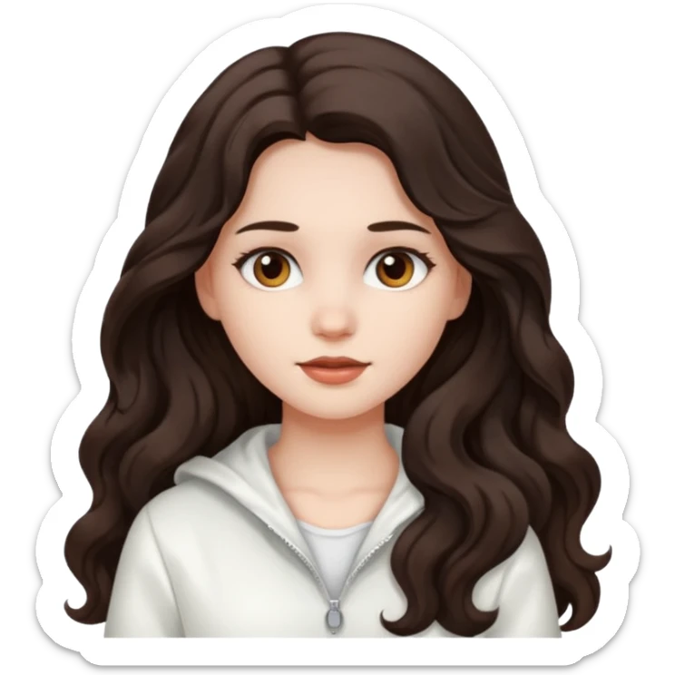 A girl in white with dark brown long wavy hair and very white skin sticker