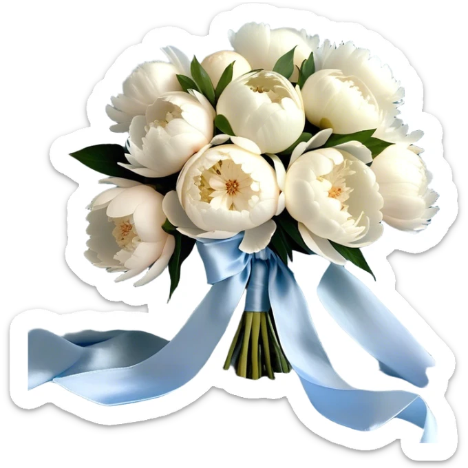 A lush bouquet of full-bloom white and pale blue peonies rests gently atop a flowing powder blue silk cloth. The petals, kissed with a subtle pearl sheen, seem to glow under the soft morning light. A delicate ivory ribbon, loosely tied in an effortless bow, drapes over the bouquet, its edges curling with natural grace. The silk background shimmers with movement, enhancing the dreamy elegance of the composition.
 sticker