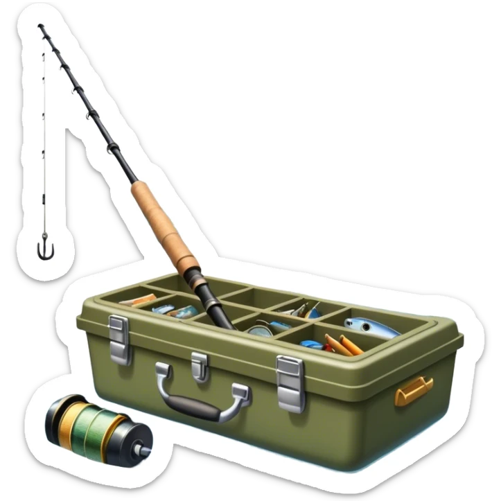 Icon for Fishing: a boat on the shore of a peaceful water body with a beautiful natural landscape, a fishing tackle box, a spinning rod. The icon should capture the tranquility and gear of a fishing adventure. Without frame. Transparent background. sticker