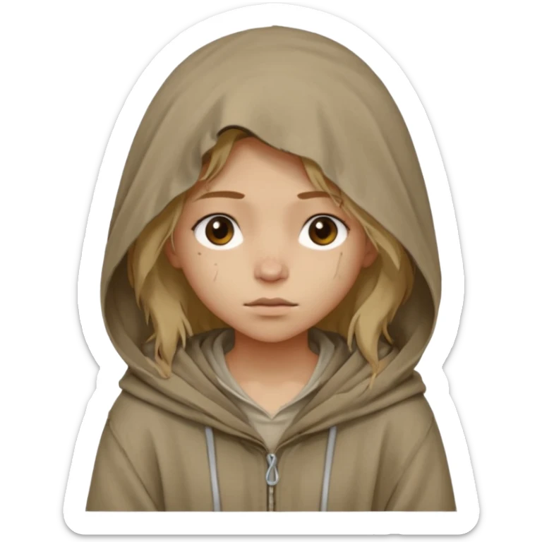 Young beggar little girl character, chest-up portrait, wearing worn and oversized clothes, hair is visible, no hat or such, neutral earth-tone fabric, slightly messy hair peeking from under a hood, tired but gentle eyes, subtle dirt marks on face, sticker