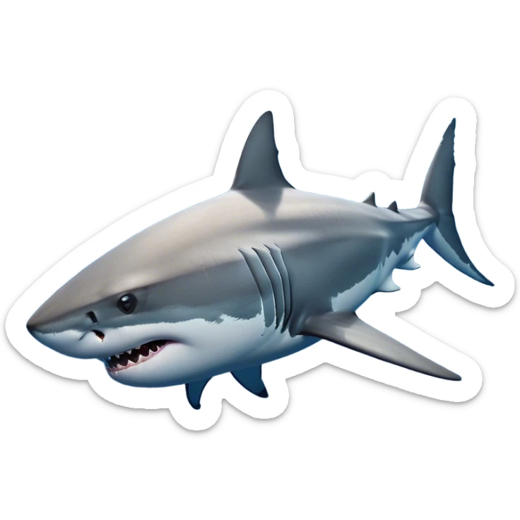 Cinematic Noble Great White Shark Portrait Emoji, Poised and regal, with a robust, torpedo-shaped body, a pointed snout, a gleaming white underbelly contrasting with a slate gray dorsal surface, and piercing, intense eyes scanning deep blue waters, Simplified yet sharp and sophisticated features, highly detailed, glowing with a cool, oceanic luminescence, high shine, intelligent and commanding, stylized with an air of marine authority, focused and vigilant, soft glowing outline, capturing the essence of a watchful and confident predator that appears ready to surge out of the screen with effortless power! sticker