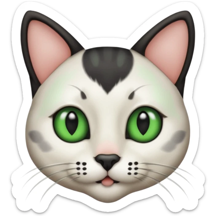 Haz una gata de ojos verdes la cara blanca con mancha negra en las orejas que agarra parte de la frente del lado der pero del iz va desde el ojo hasta la oreja la mancha, tiene la nariz negra en forma de corazón y todo lo que sobra de la cara, barbilla la nariz arriba y el lado de bigotes es blanca sticker
