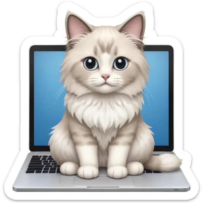 Cute ragdoll cat on a laptop. Should sit on top of the laptop, cat is way bigger than the laptop. Could walk on the laptop or sit sticker